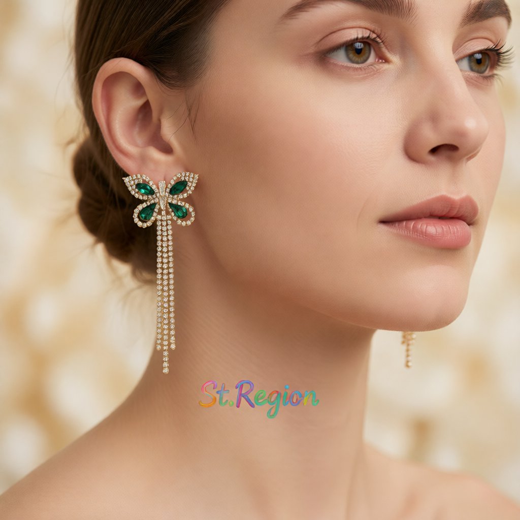 Green Crystal & Cubic Zirconia 18K Gold-Plated Butterfly Tassel Drop Earrings