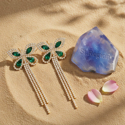 Green Crystal & Cubic Zirconia 18K Gold-Plated Butterfly Tassel Drop Earrings