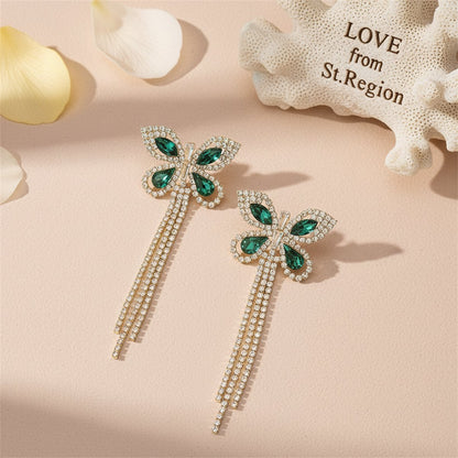 Green Crystal & Cubic Zirconia 18K Gold-Plated Butterfly Tassel Drop Earrings