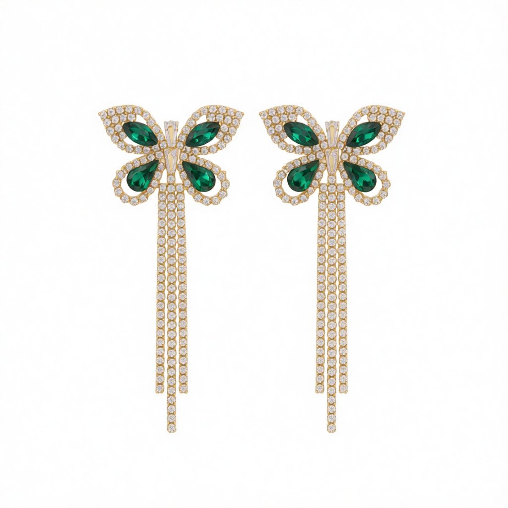 Green Crystal & Cubic Zirconia 18K Gold-Plated Butterfly Tassel Drop Earrings