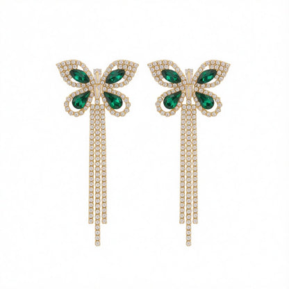 Green Crystal & Cubic Zirconia 18K Gold-Plated Butterfly Tassel Drop Earrings