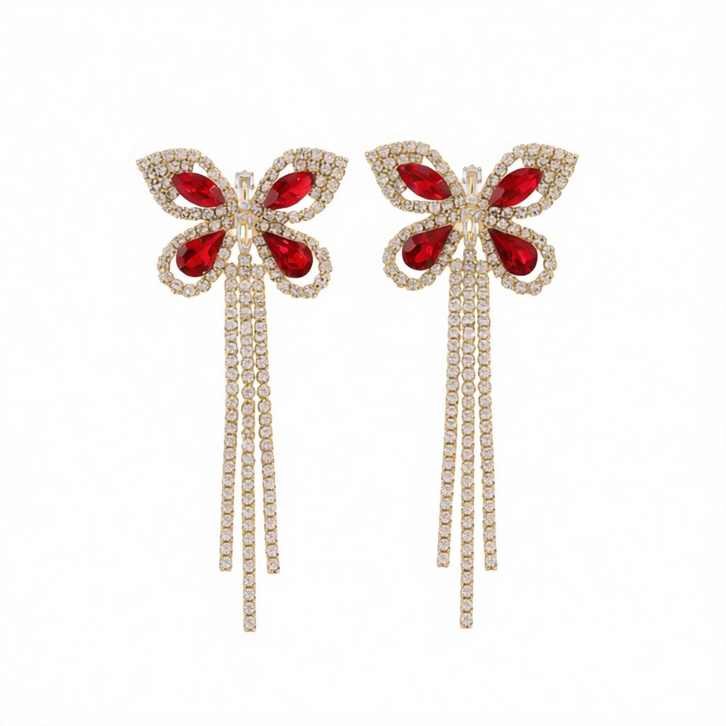 Red Crystal and Cubic Zirconia 18K Gold-Plated Butterfly Tassel Drop Earrings, gold drop earrings for women, side view
