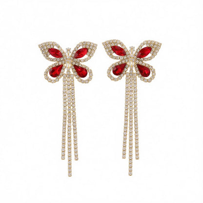 Red Crystal and Cubic Zirconia 18K Gold-Plated Butterfly Tassel Drop Earrings, gold drop earrings for women, side view