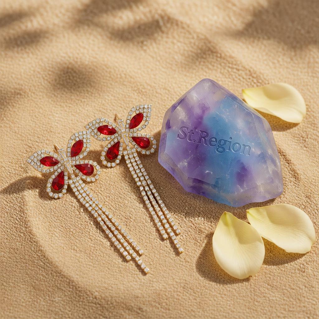 Red Crystal and Cubic Zirconia 18K Gold-Plated Butterfly Tassel Drop Earrings, gold drop earrings for women, detail close-up