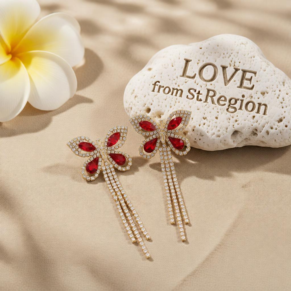 Red Crystal and Cubic Zirconia 18K Gold-Plated Butterfly Tassel Drop Earrings, gold drop earrings for women, lifestyle look