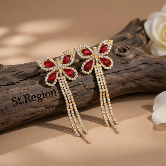 Red Crystal & Cubic Zirconia 18K Gold-Plated Butterfly Tassel Drop Earrings