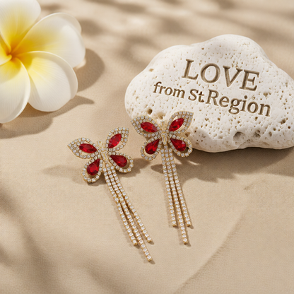 Red Crystal & Cubic Zirconia 18K Gold-Plated Butterfly Tassel Drop Earrings