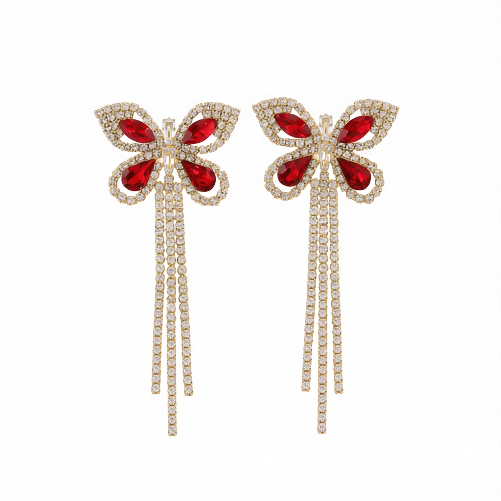 Red Crystal & Cubic Zirconia 18K Gold-Plated Butterfly Tassel Drop Earrings