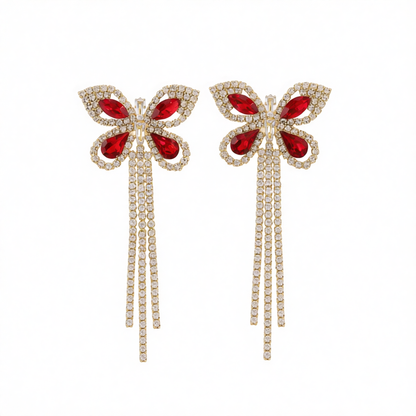 Red Crystal & Cubic Zirconia 18K Gold-Plated Butterfly Tassel Drop Earrings
