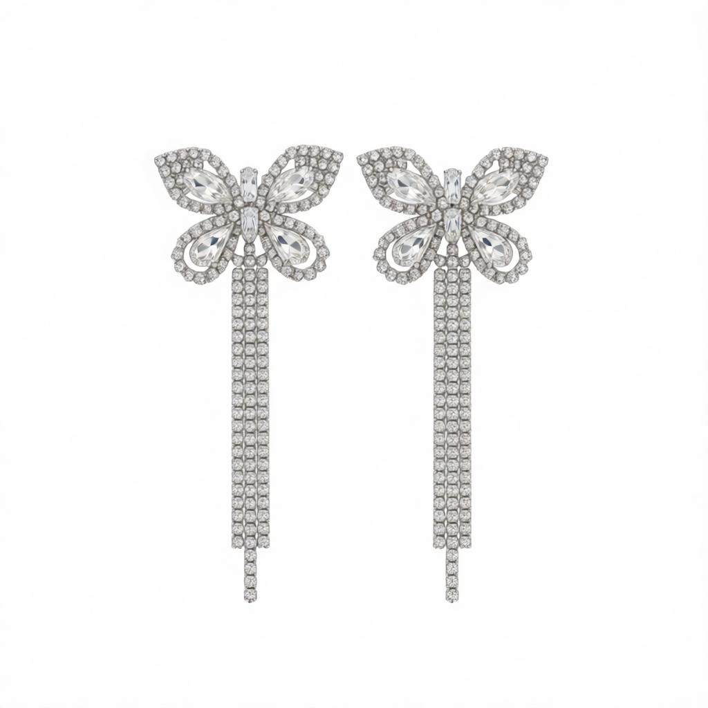 Crystal and Cubic Zirconia Silver-Plated Butterfly Drop Earrings, silver drop earrings for women, side view