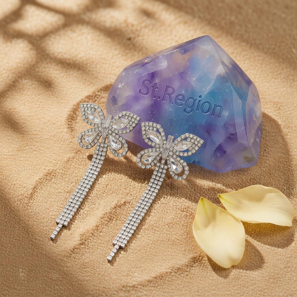 Crystal and Cubic Zirconia Silver-Plated Butterfly Drop Earrings, silver drop earrings for women, detail close-up