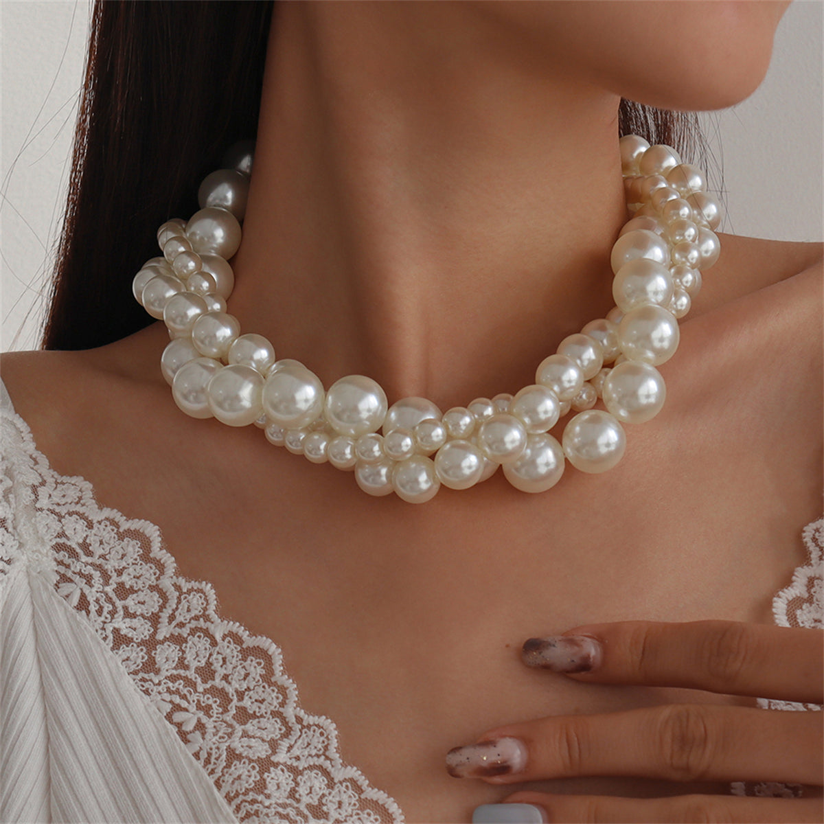 Pearl and Silver-Plated Interlocked Necklace, silver pendant necklace for women, vintage-inspired design, front view