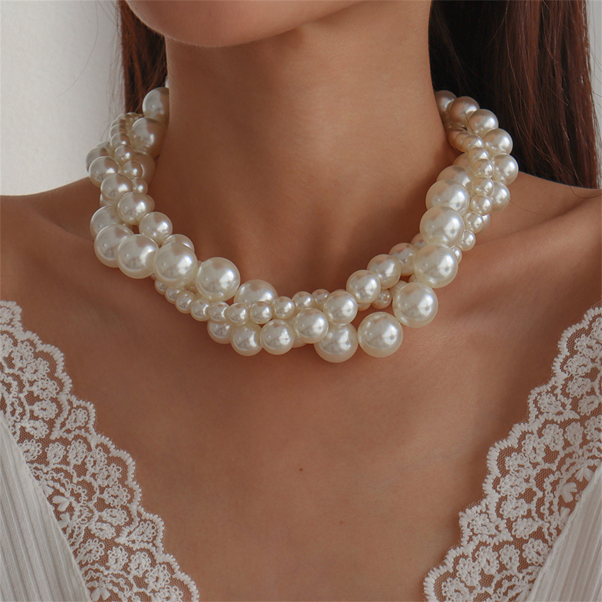 Pearl and Silver-Plated Interlocked Necklace, silver pendant necklace for women, vintage-inspired design, side view