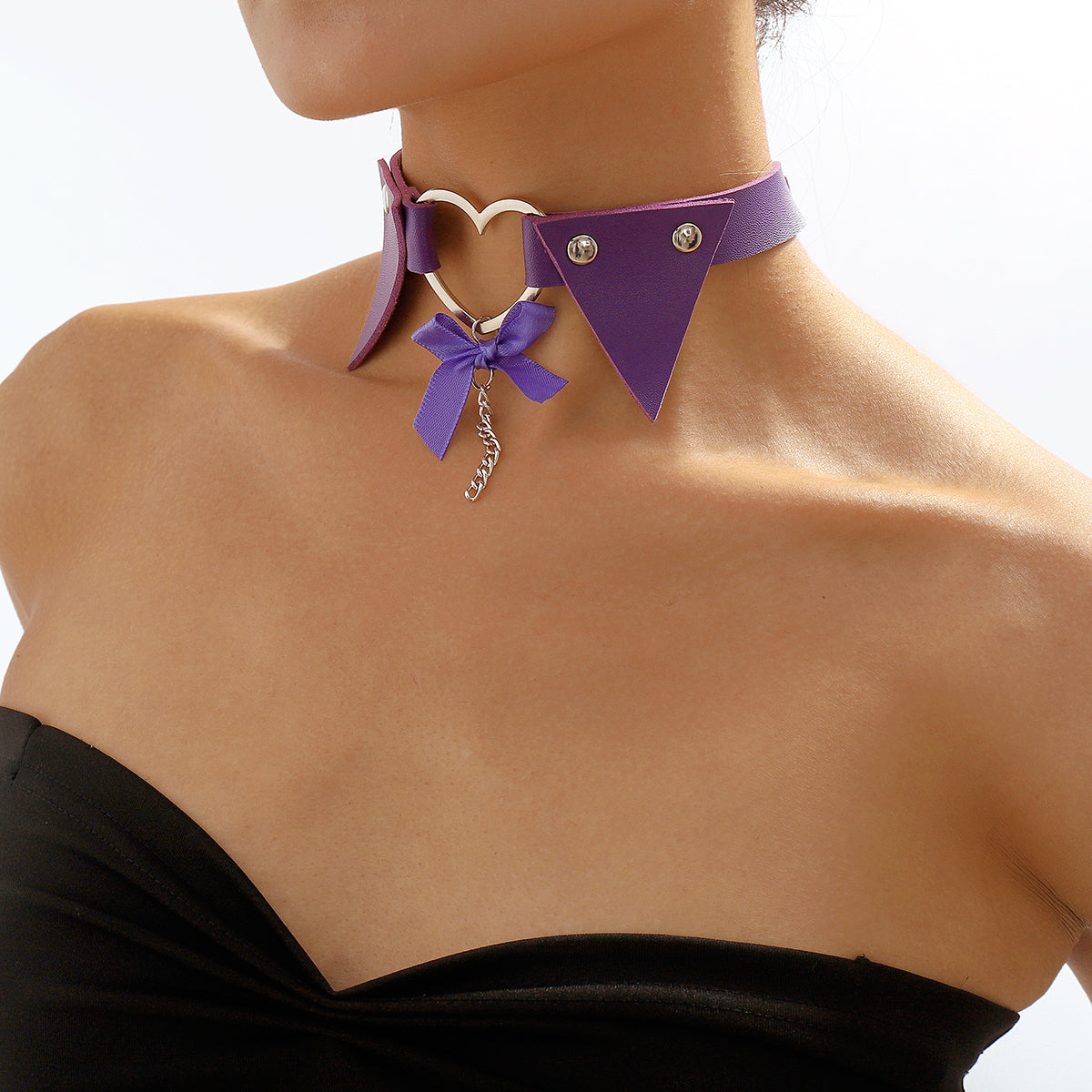 Purple Polystyrene & Silver-Plated Heart Choker Necklace