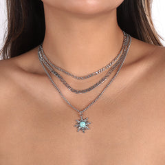 Turquoise & Silver-Plated Sun Pendant Necklace Set