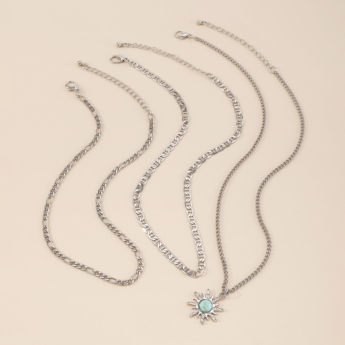 Turquoise & Silver-Plated Sun Pendant Necklace Set