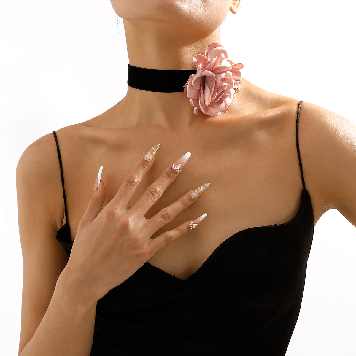 Pink Polyster and Silver-Plated Rose Choker Necklace, chunky silver choker necklace, dainty minimalist design, front view