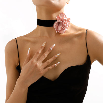 Pink Polyster and Silver-Plated Rose Choker Necklace, chunky silver choker necklace, dainty minimalist design, front view
