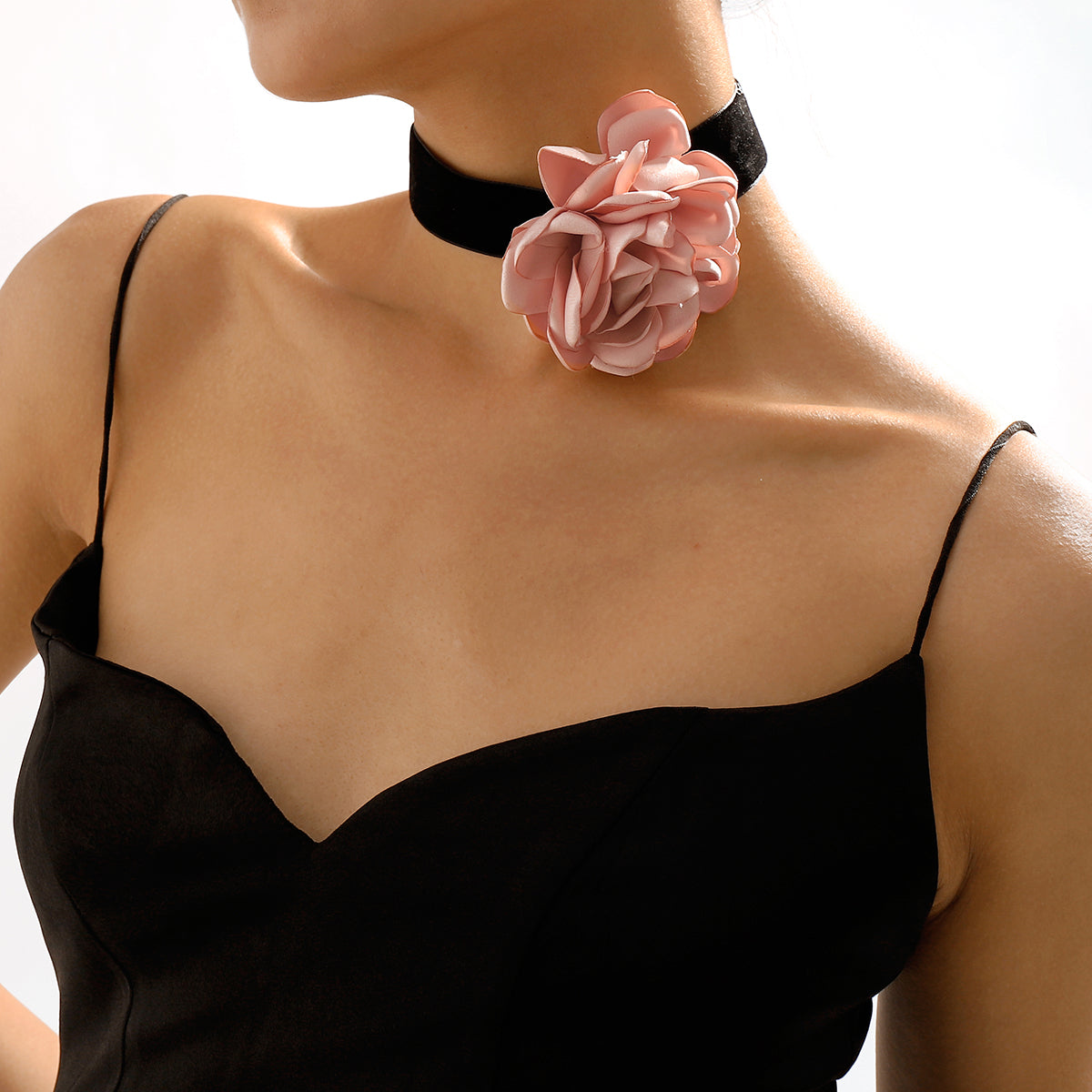 Pink Polyster and Silver-Plated Rose Choker Necklace, chunky silver choker necklace, dainty minimalist design, side view