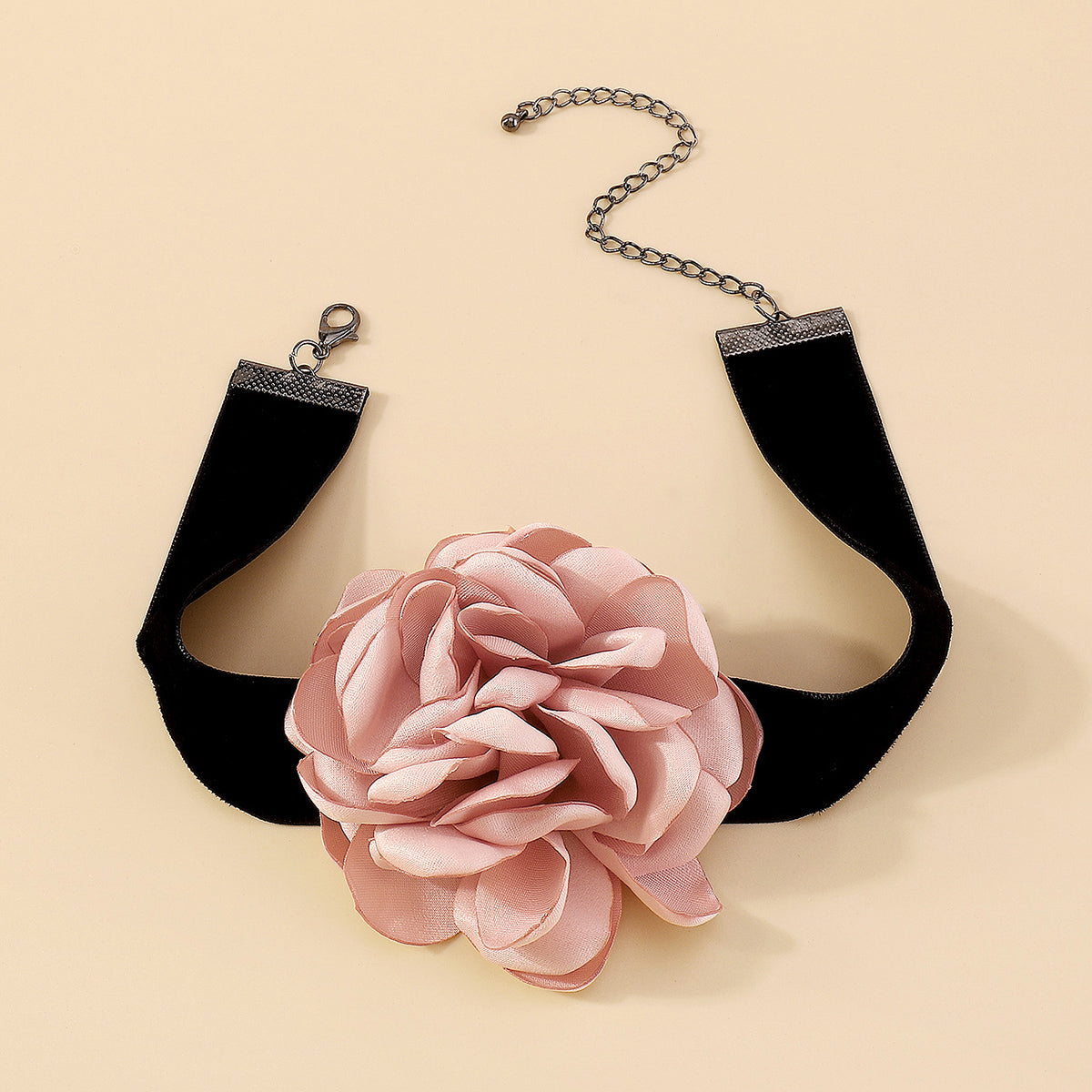 Pink Polyster and Silver-Plated Rose Choker Necklace, chunky silver choker necklace, detail close-up