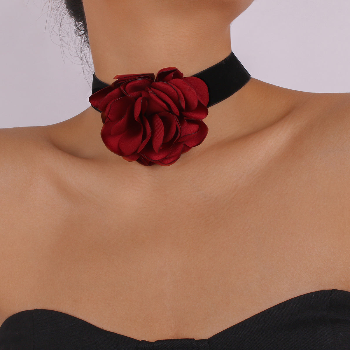 Red Polyster and Silver-Plated Rose Choker Necklace, chunky silver choker necklace, elegant gift for her, front view