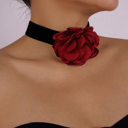 Red Polyster and Silver-Plated Rose Choker Necklace, chunky silver choker necklace, elegant gift for her, side view