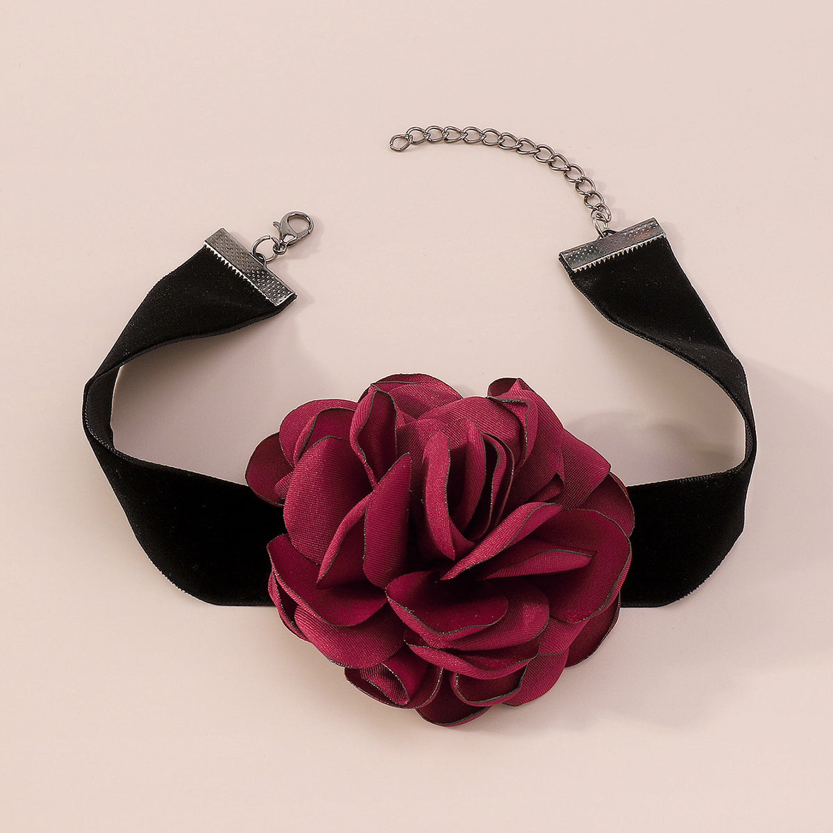 Red Polyster and Silver-Plated Rose Choker Necklace, chunky silver choker necklace, elegant gift for her, lifestyle look