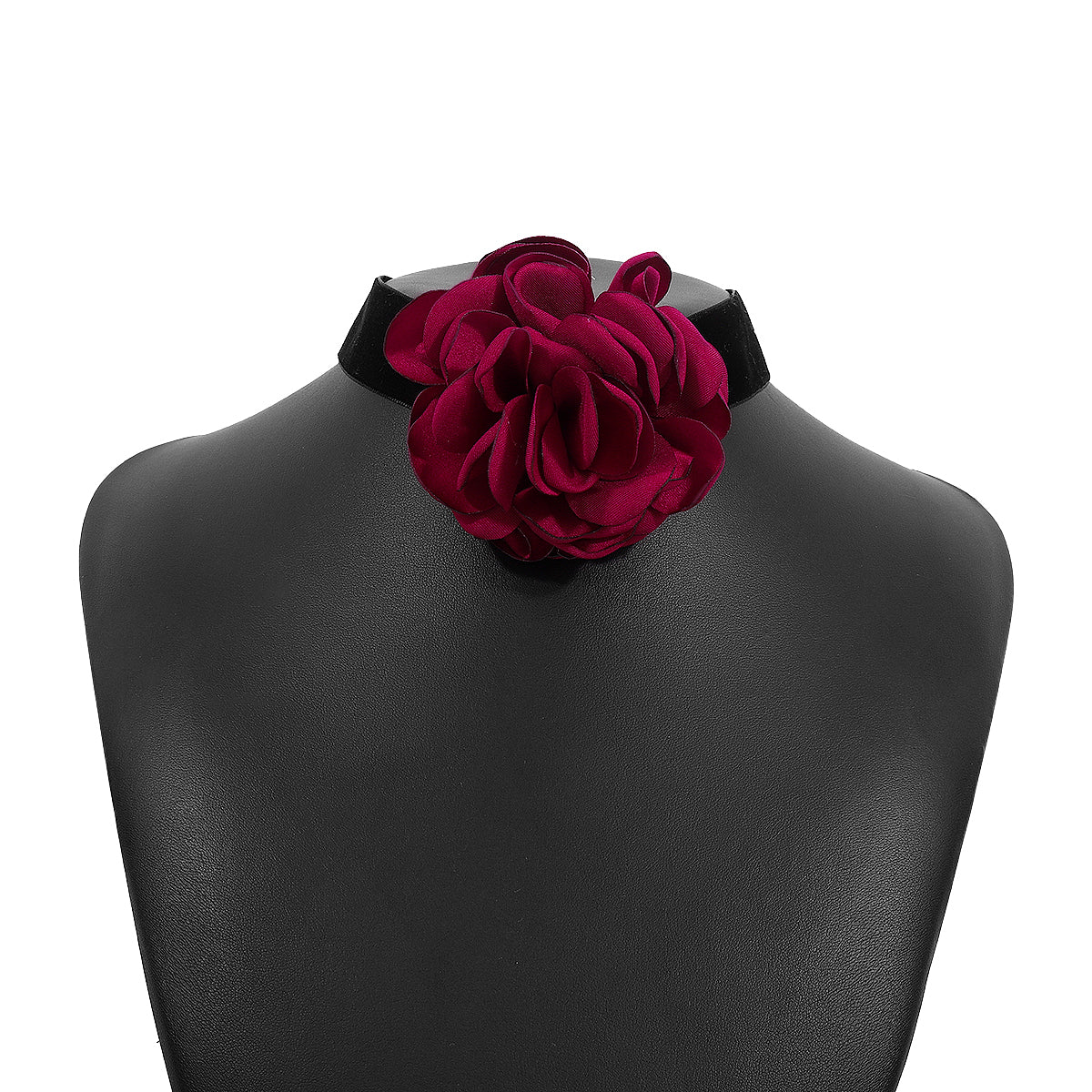 Red Polyster and Silver-Plated Rose Choker Necklace, chunky silver choker necklace, elegant gift for her, styled look