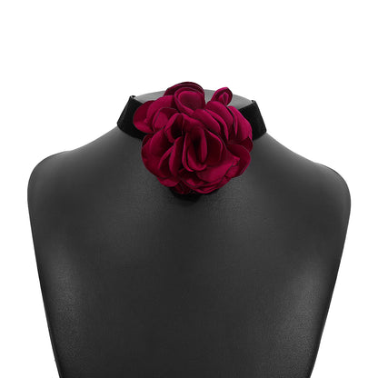 Red Polyster and Silver-Plated Rose Choker Necklace, chunky silver choker necklace, elegant gift for her, styled look