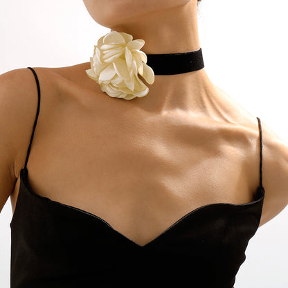 White Polyster and Silver-Plated Rose Choker Necklace, chunky silver choker necklace, everyday style, side view