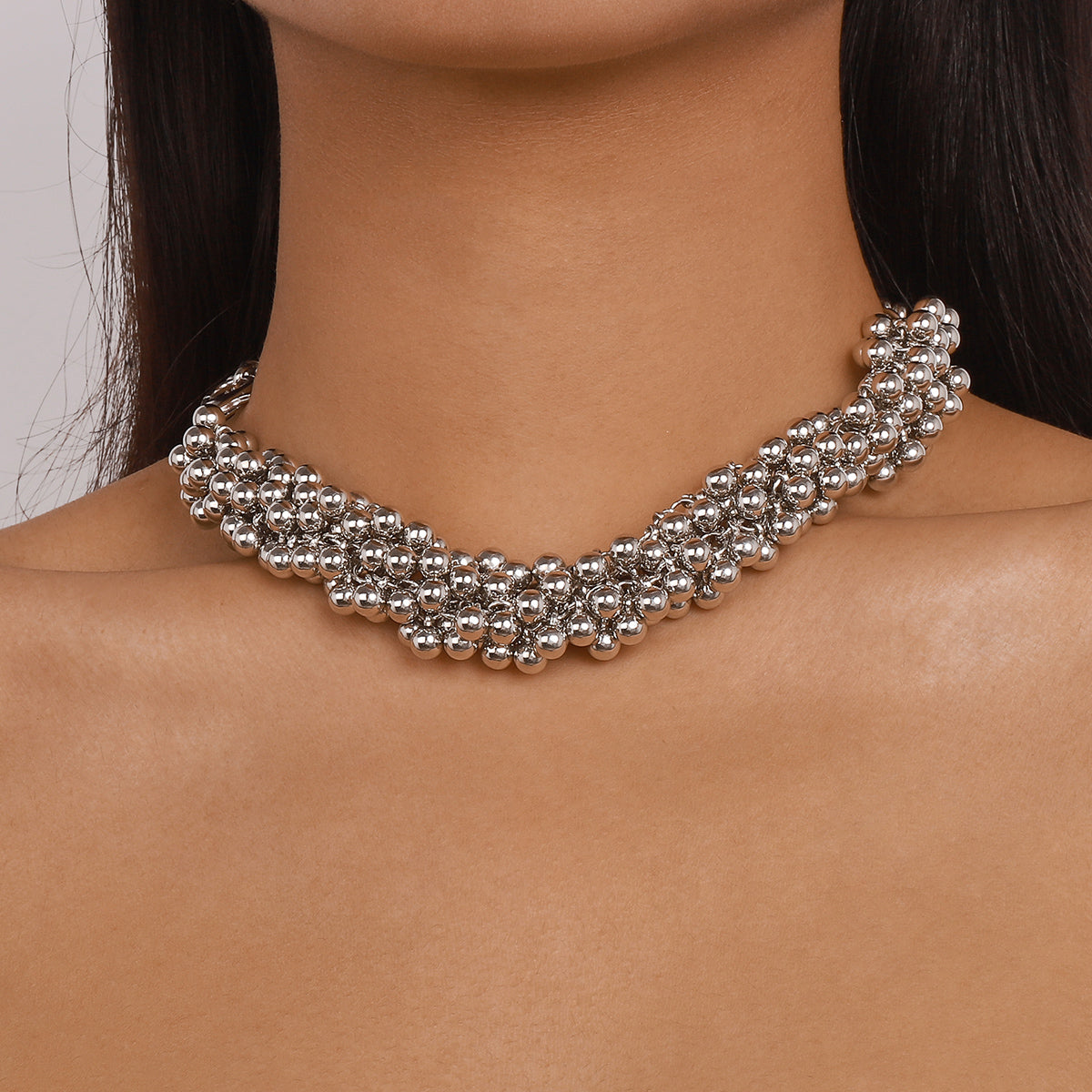 Silver-Plated Beaded Chain Necklace, silver pendant necklace for women, dainty minimalist design, front view