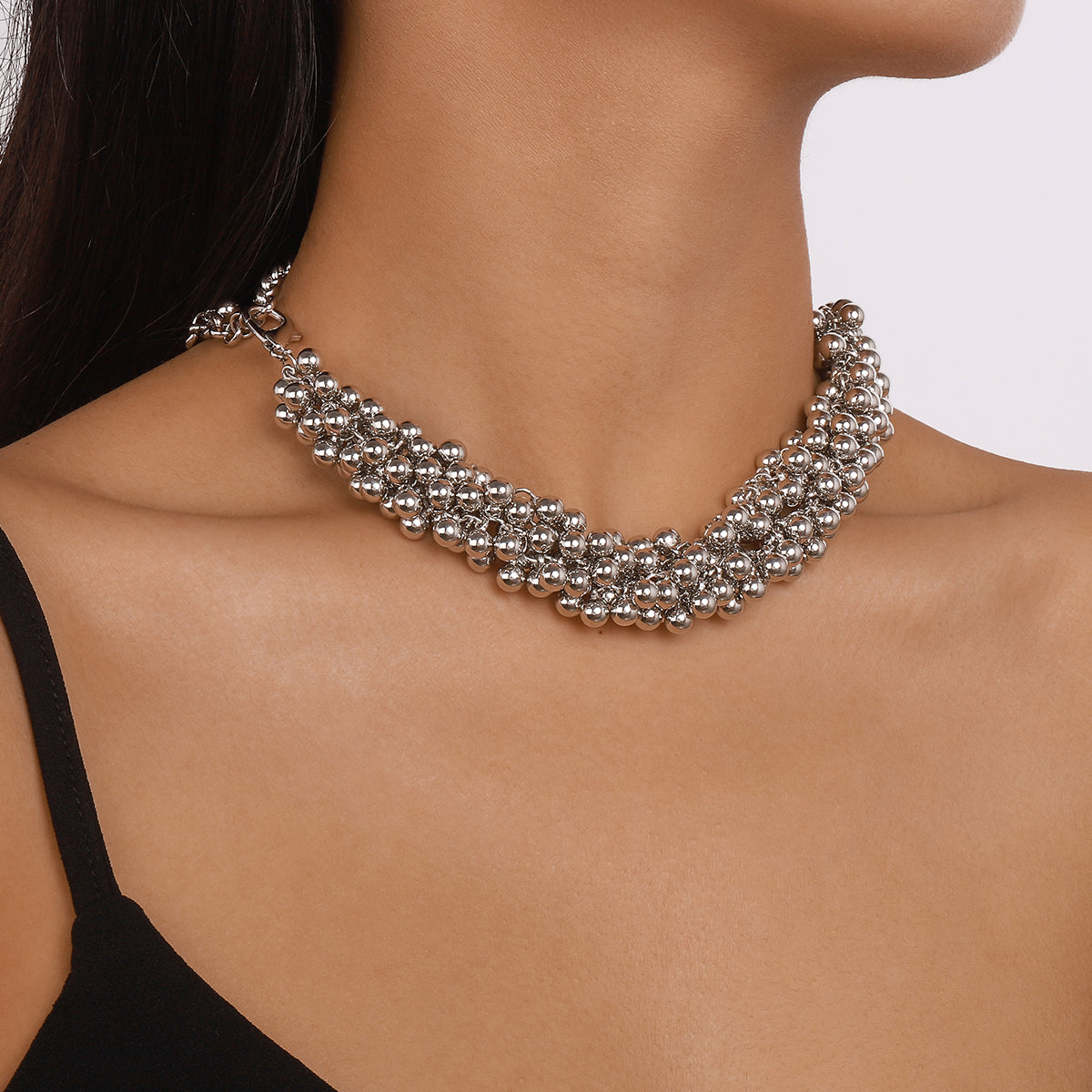Silver-Plated Beaded Chain Necklace, silver pendant necklace for women, dainty minimalist design, side view