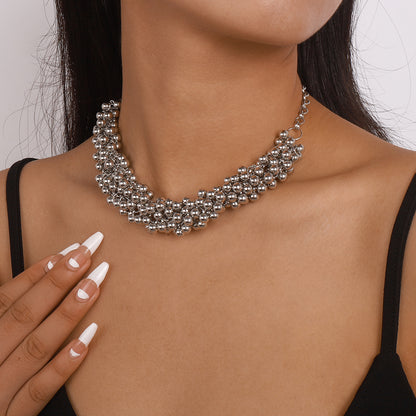 Silver-Plated Beaded Chain Necklace, silver pendant necklace for women, dainty minimalist design, detail close-up