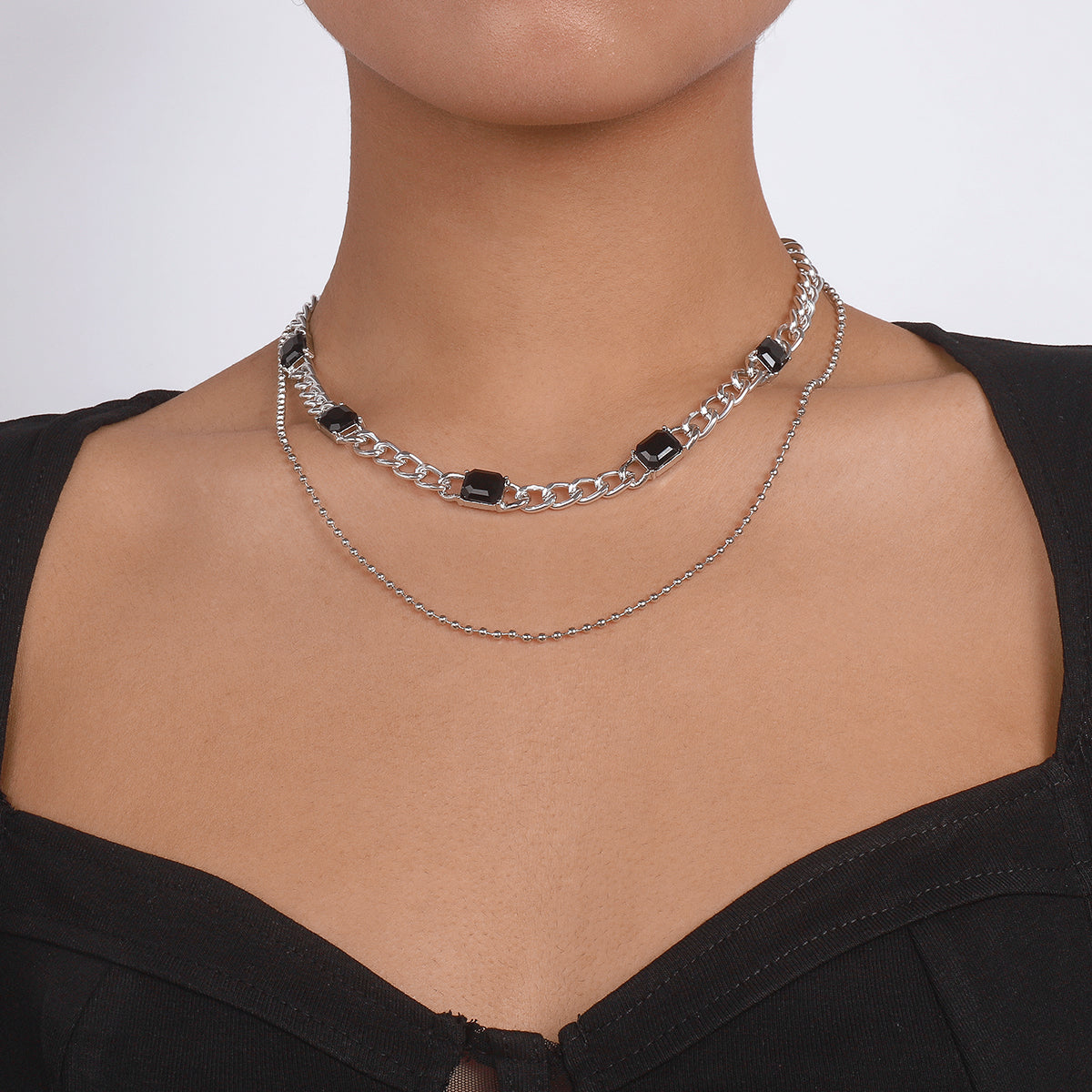 Black Crystal and Silver-Plated Dual-Chain Station Layered Necklace, silver pendant necklace for women, front view