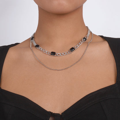 Black Crystal and Silver-Plated Dual-Chain Station Layered Necklace, silver pendant necklace for women, front view