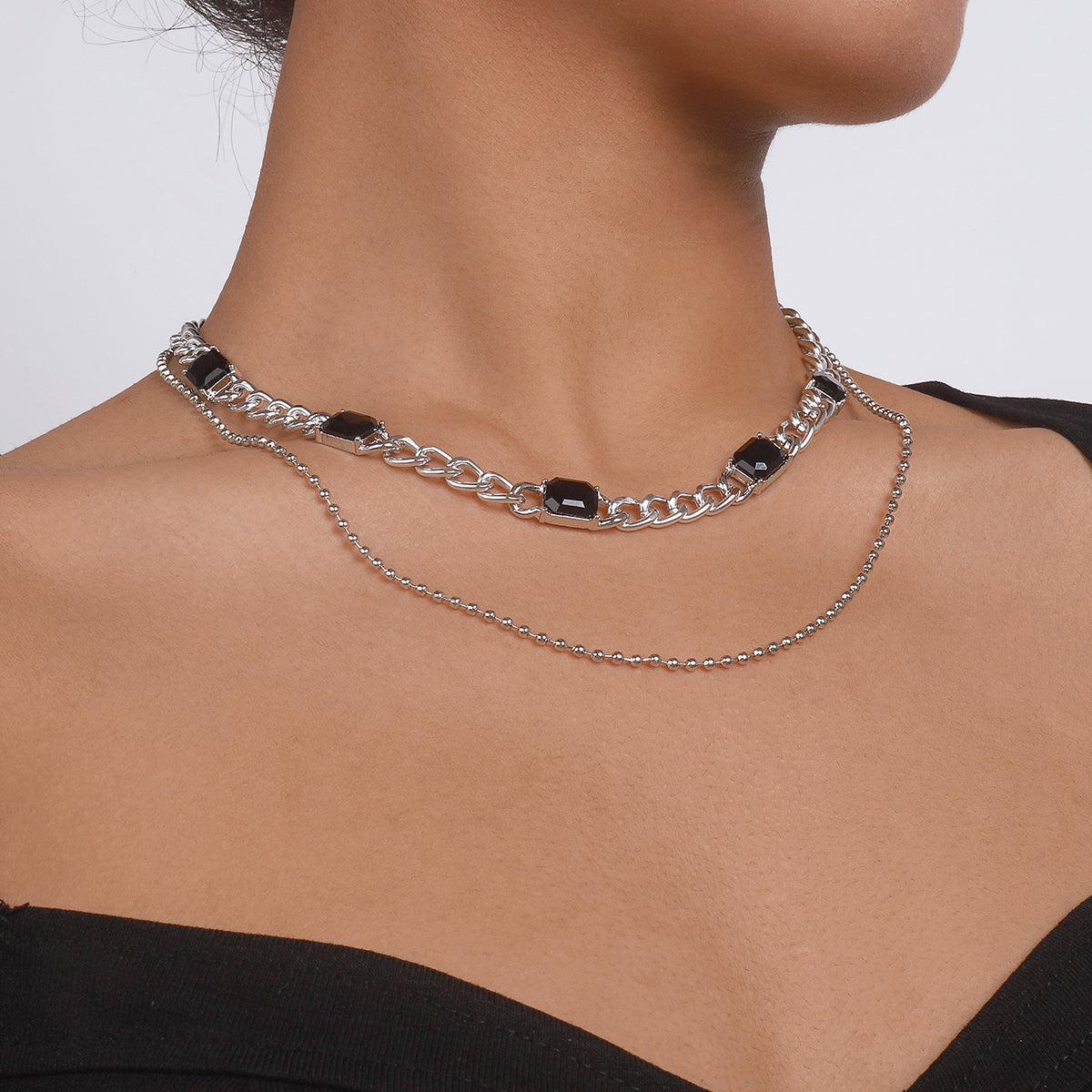 Black Crystal and Silver-Plated Dual-Chain Station Layered Necklace, silver pendant necklace for women, side view