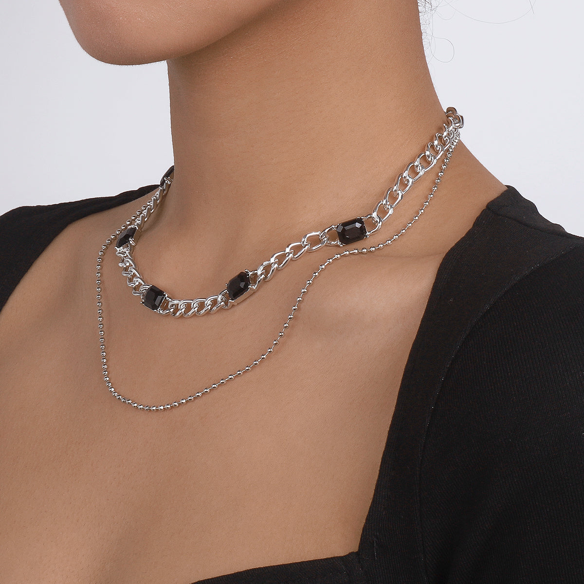 Black Crystal & Silver-Plated Dual-Chain Station Layered Necklace