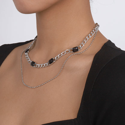 Black Crystal and Silver-Plated Dual-Chain Station Layered Necklace, silver pendant necklace for women, detail close-up
