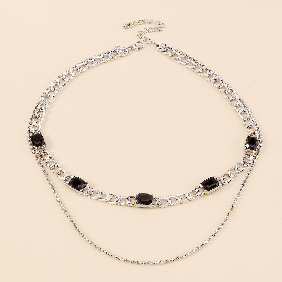 Black Crystal & Silver-Plated Dual-Chain Station Layered Necklace