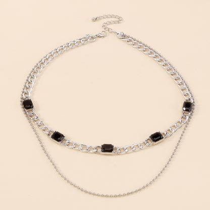 Black Crystal and Silver-Plated Dual-Chain Station Layered Necklace, silver pendant necklace for women, lifestyle look
