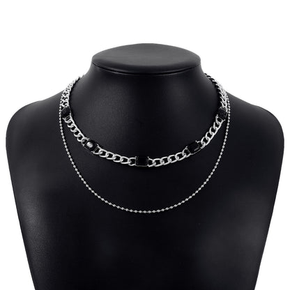 Black Crystal and Silver-Plated Dual-Chain Station Layered Necklace, silver pendant necklace for women, styled look