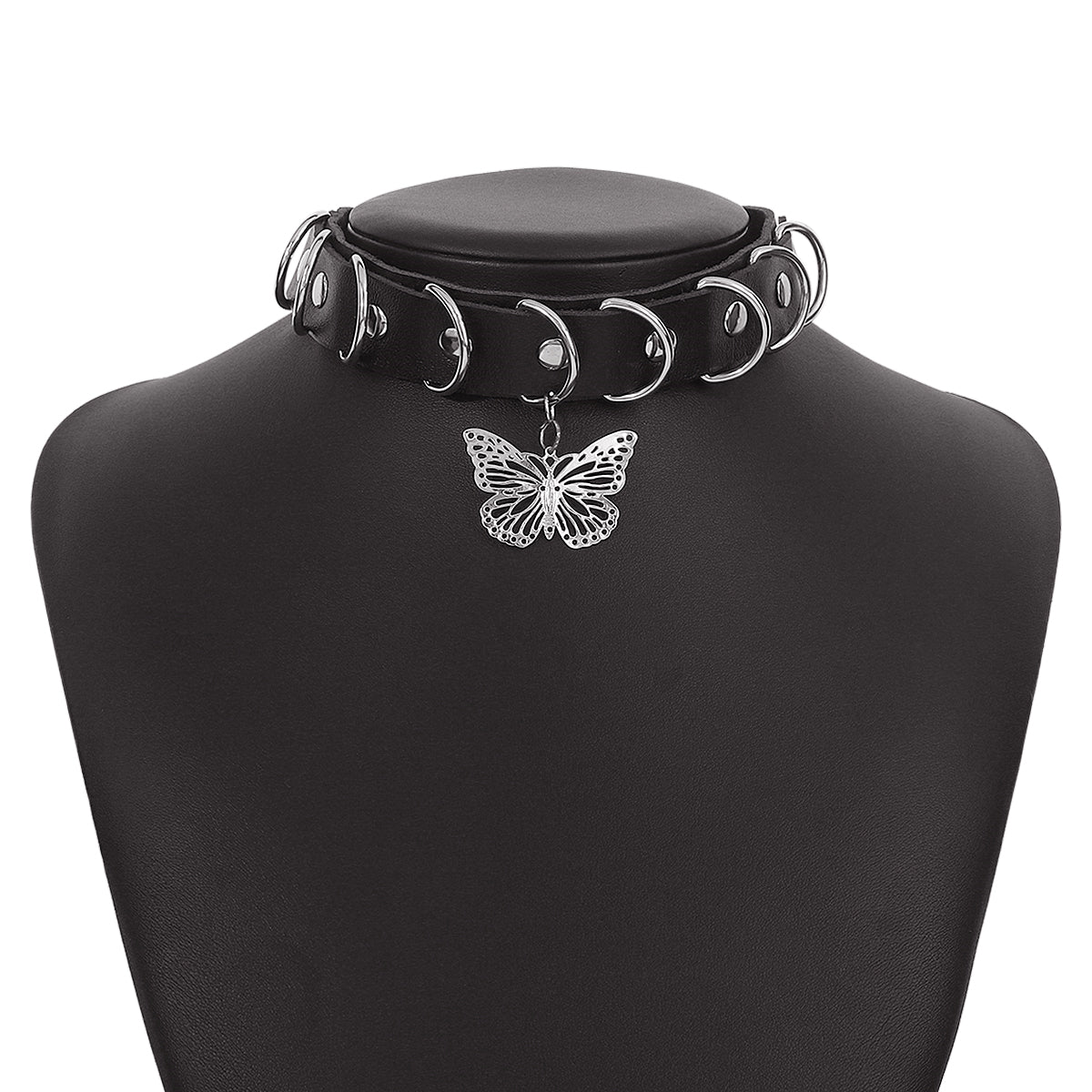Black Polystyrene & Silver-Plated Butterfly Choker Necklace