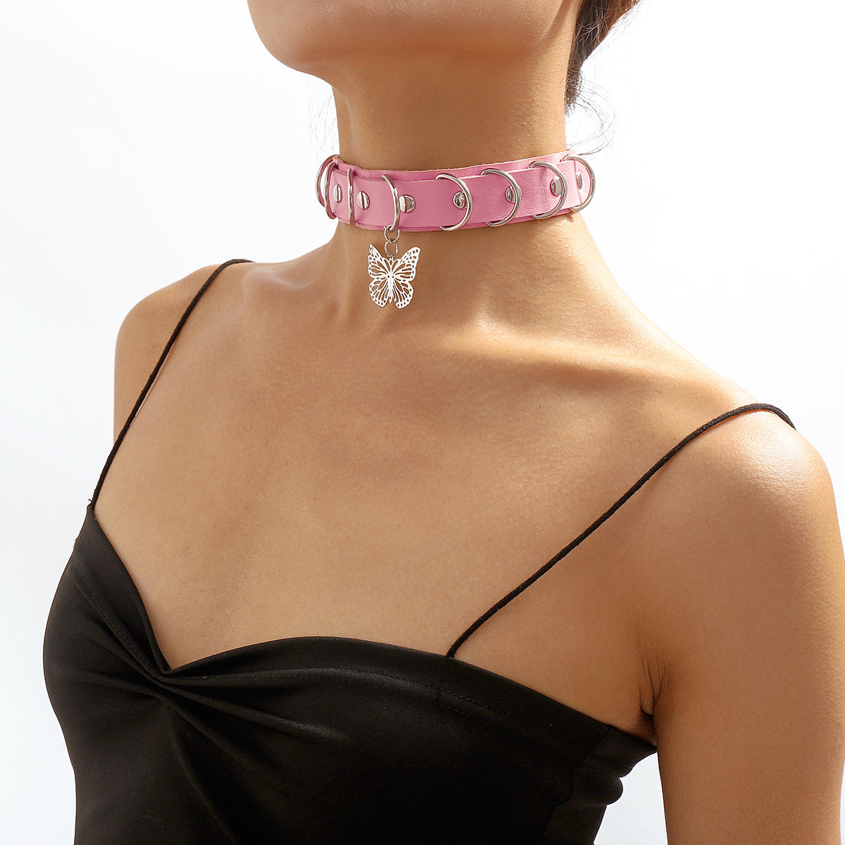 Pink Polystyrene & Silver-Plated Butterfly Choker Necklace