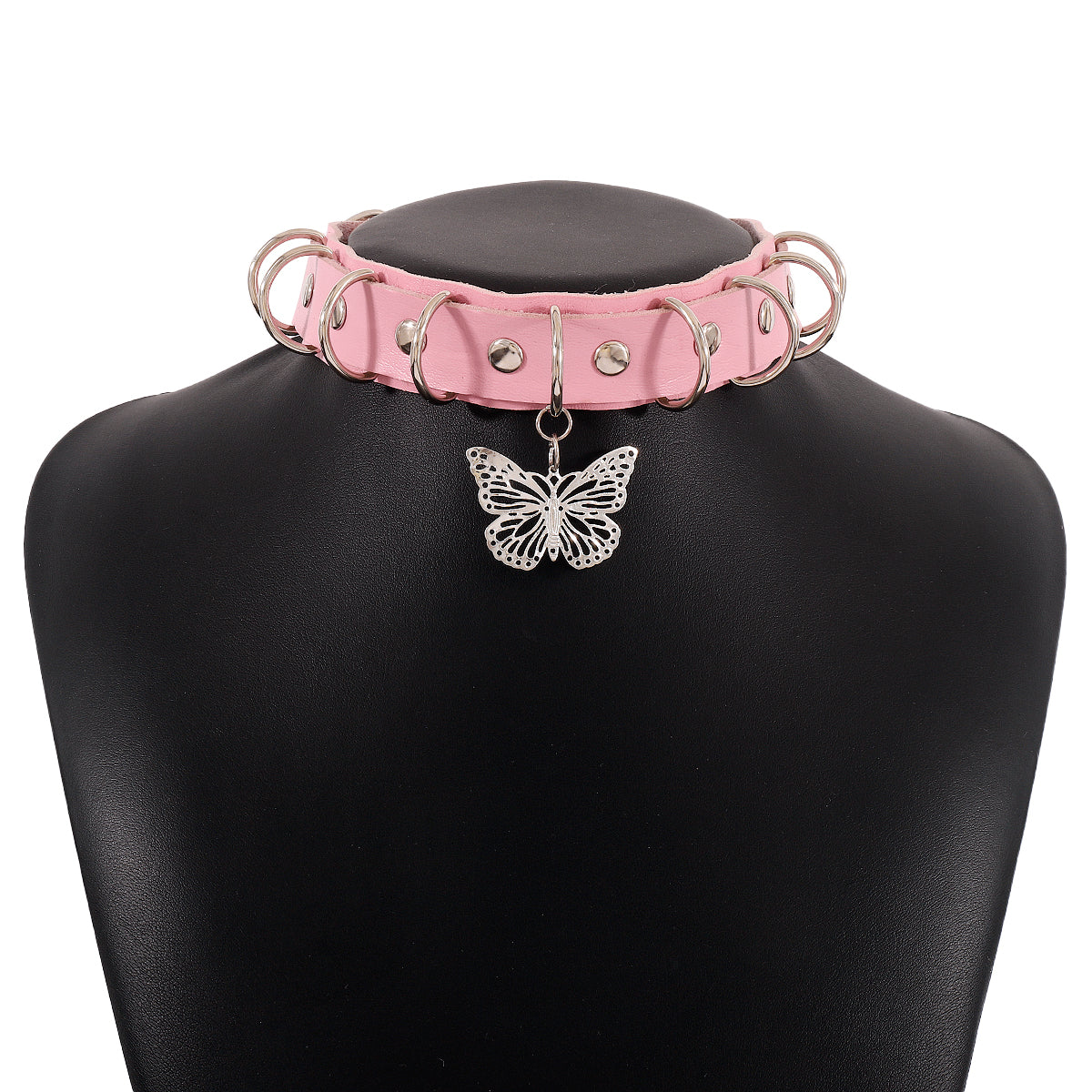 Pink Polystyrene & Silver-Plated Butterfly Choker Necklace