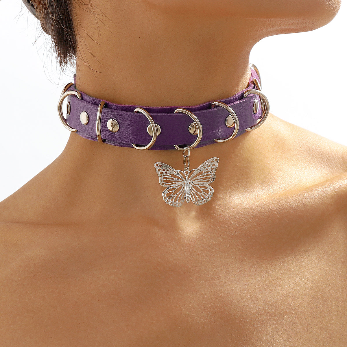 Purple Polystyrene & Silver-Plated Butterfly Choker Necklace