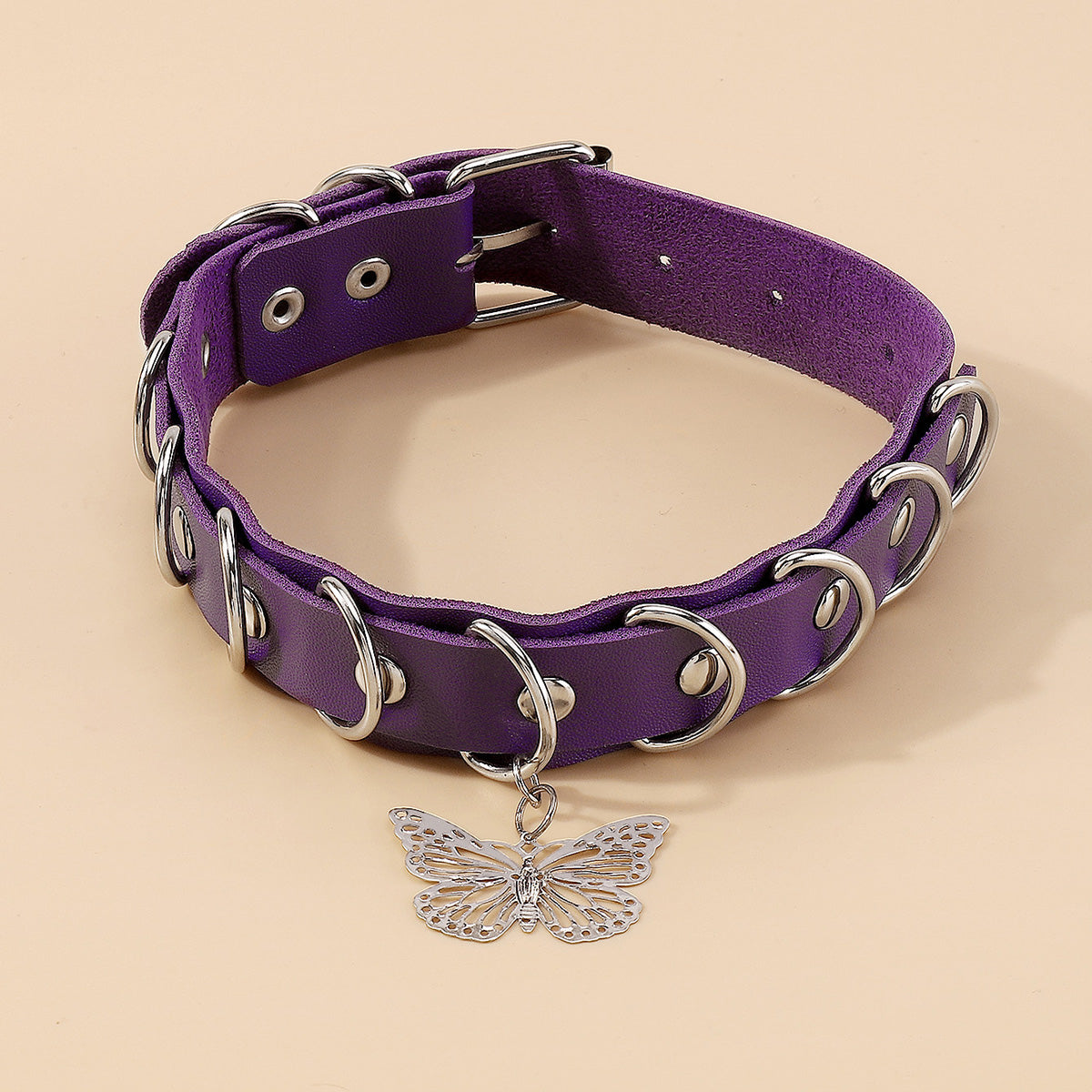 Purple Polystyrene & Silver-Plated Butterfly Choker Necklace