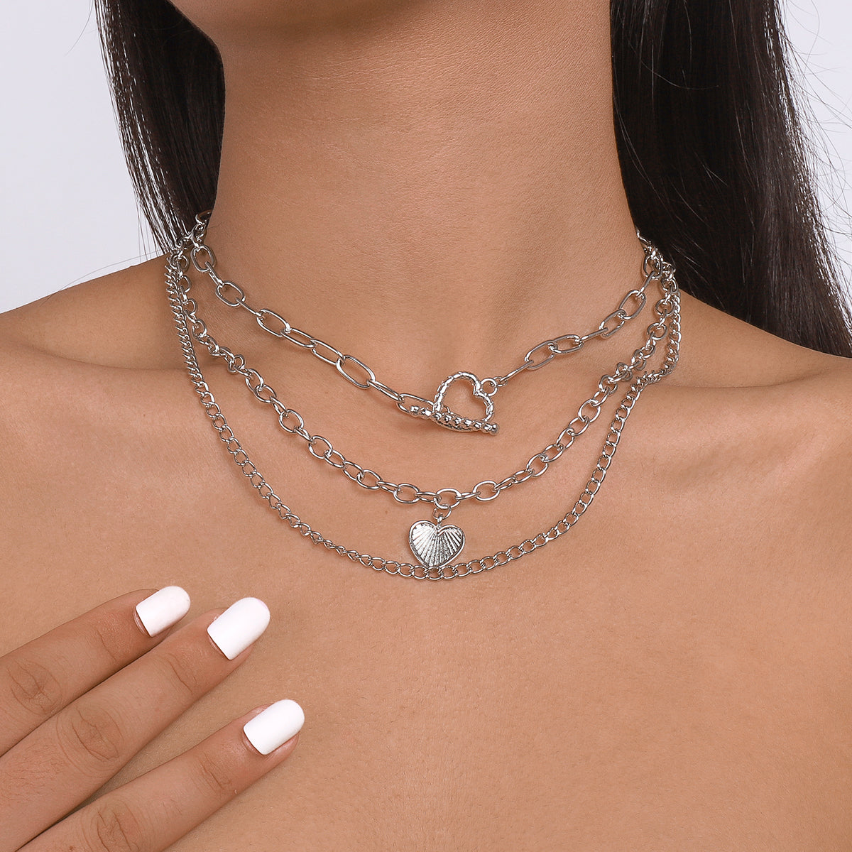 Silver-Plated Heart Pendant Layered Necklace & Lariat Necklace