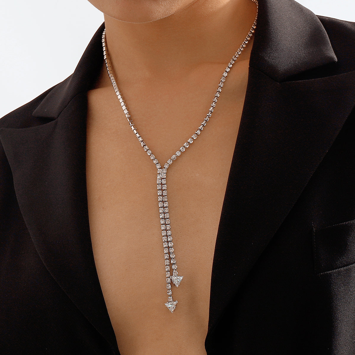 Crystal and Cubic Zirconia Silver-Plated Arrow Lariat Necklace, silver pendant necklace for women, front view