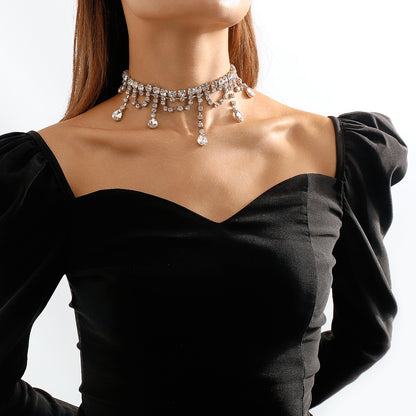 Crystal and Cubic Zirconia Silver-Plated Drop Tassel Choker, chunky silver choker necklace, side view