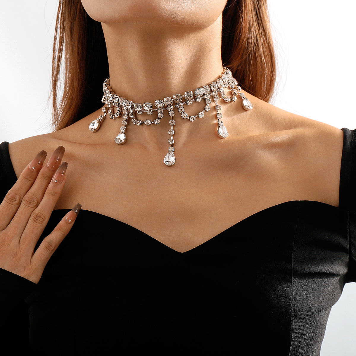 Crystal and Cubic Zirconia Silver-Plated Drop Tassel Choker, chunky silver choker necklace, front view